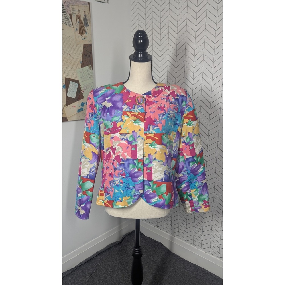 Anne Crimmins UMI Jacket Womens 14 Floral Silk Twee Cropped Boxy Blazer 90s Vtg